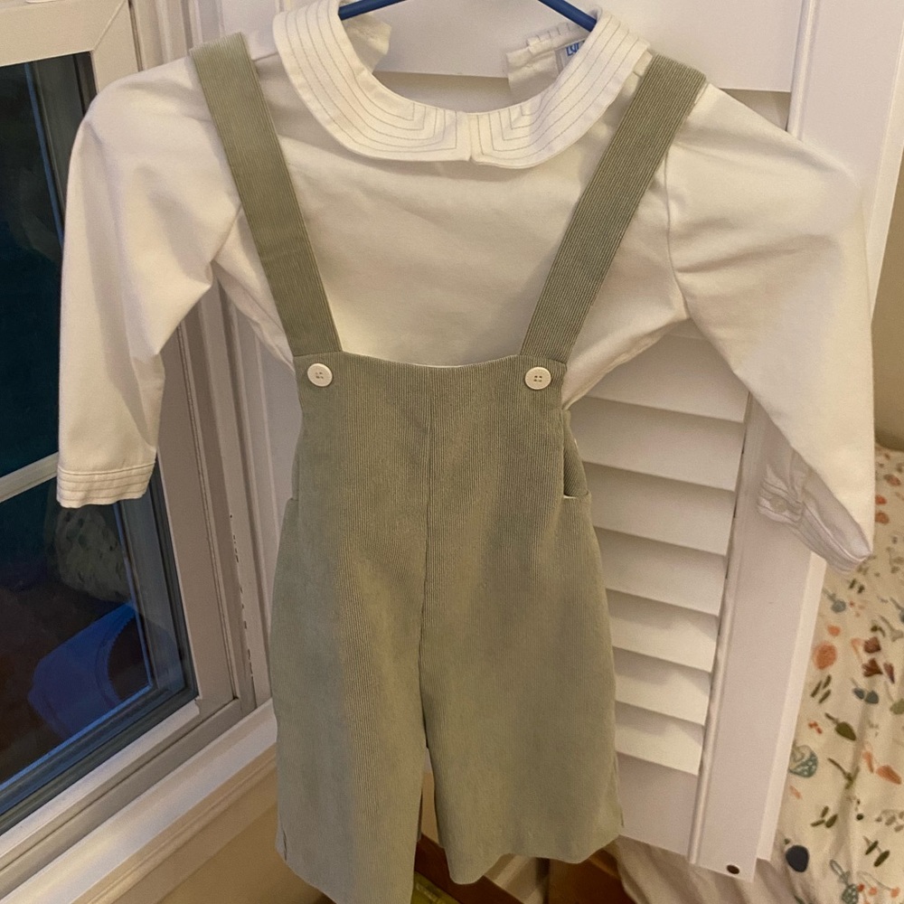 Luli & Me Boys Corduroy Suspender Shorts Set with Shirt - Sage Green